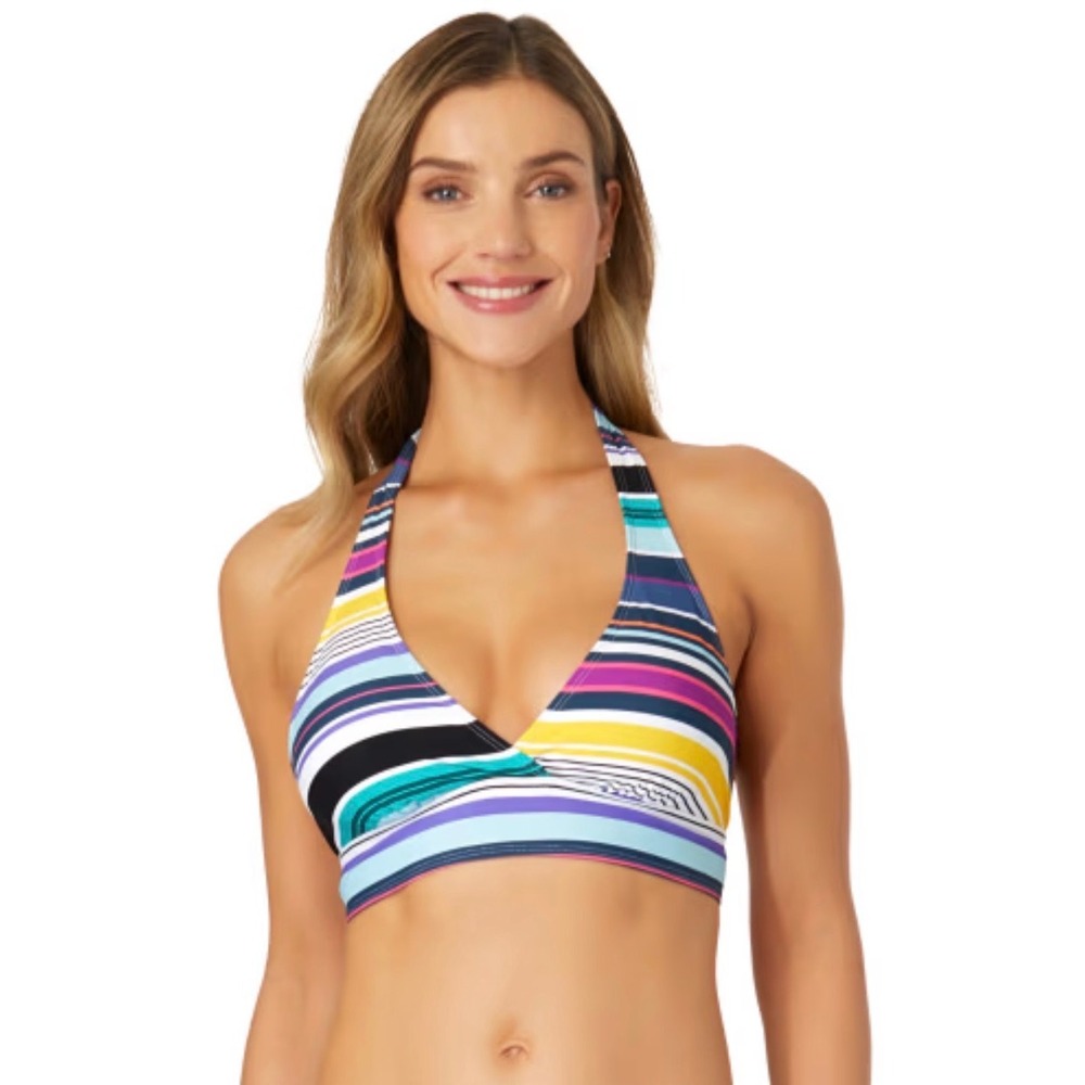 Anne Cole Womens Multi Color Striped Halter Bikini Top Size D Blue Yellow Clasp
